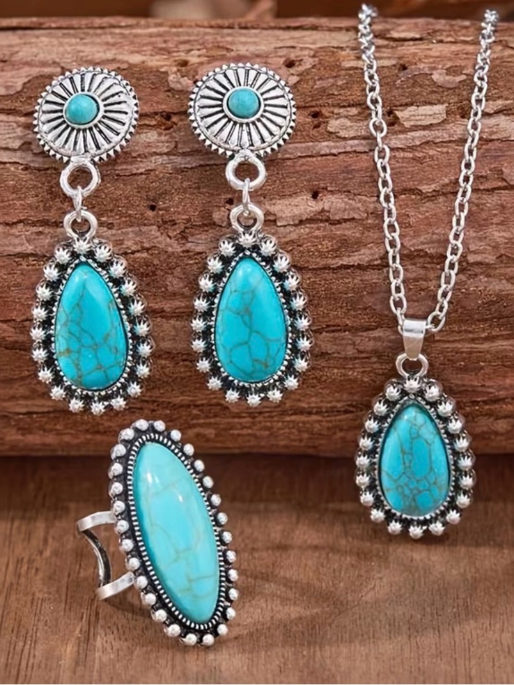 Western Necklace Set turquoise Teardrop Silver Necklace, Earrings & Ring Set